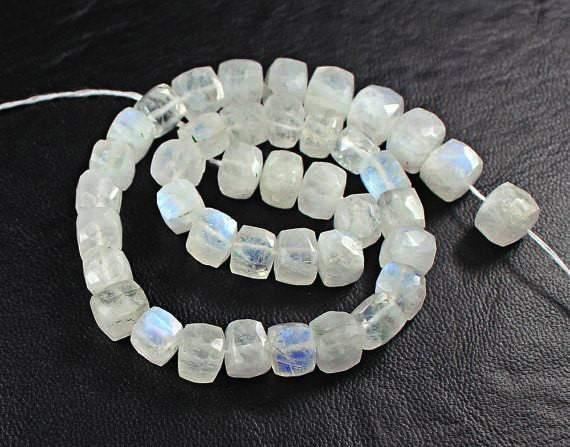 19 beads, 8mm, Natural Blue Rainbow Moonstone Faceted Box Square Beads, Moonstone Beads - Jalvi & Co.