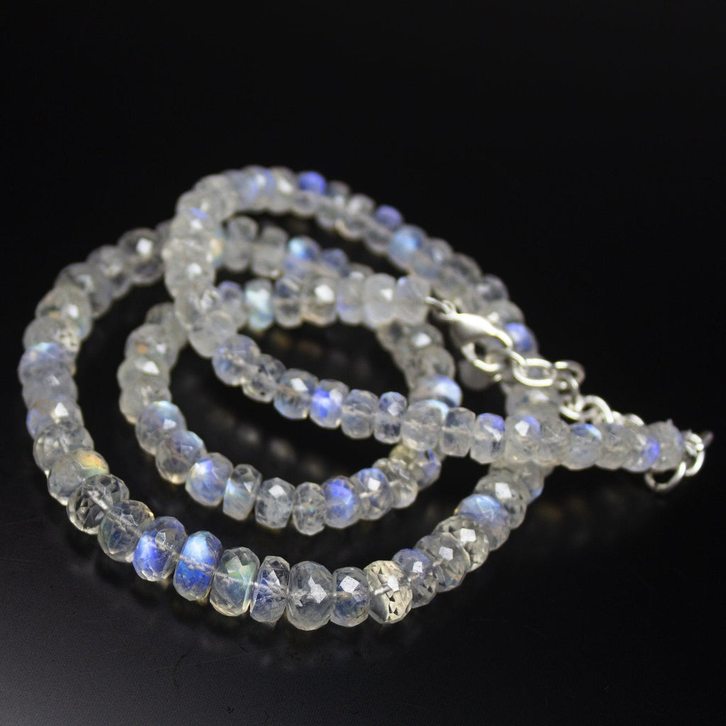 19 inch, 5-8mm, Blue Rainbow Moonstone Faceted Rondelle Beads Necklace, Rainbow Moonstone Beads - Jalvi & Co.