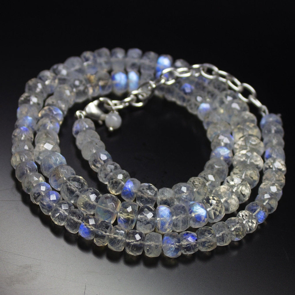 19 inch, 5-8mm, Blue Rainbow Moonstone Faceted Rondelle Beads Necklace, Rainbow Moonstone Beads - Jalvi & Co.