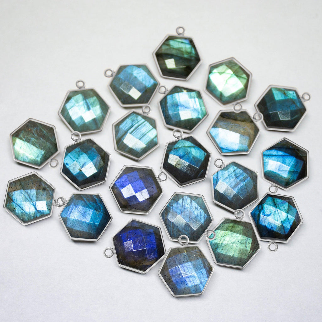 1pc, 18k Solid Gold Labradorite Faceted Hexagon Briolette Bezel Charm Pendant, 16mm - Jalvi & Co.