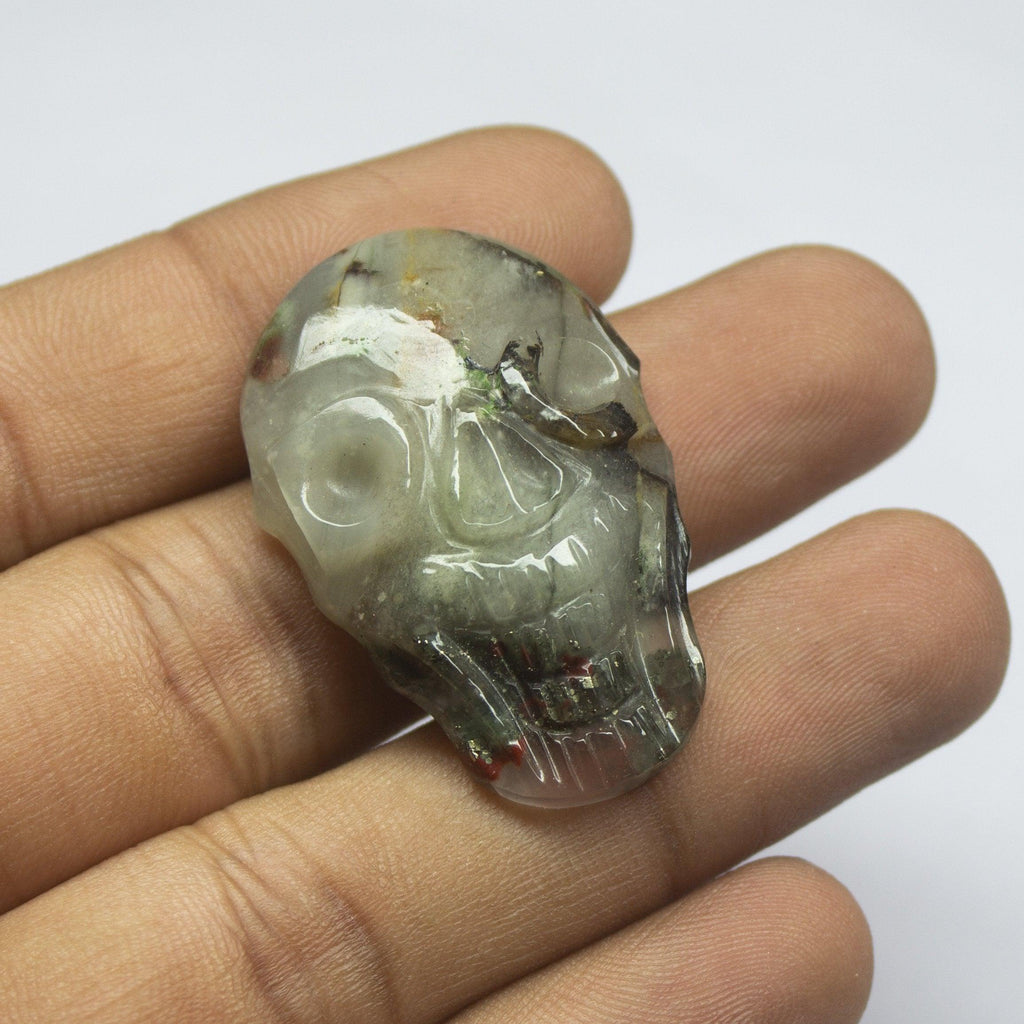 1pc, 38x25mm, Bloodstone Carving Skull Loose Gemstone, Natural Bloodstone - Jalvi & Co.