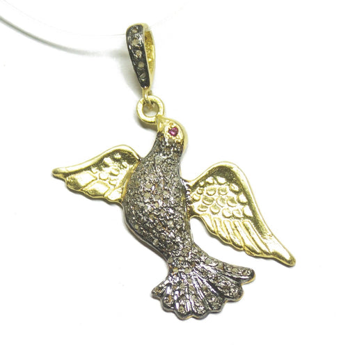 1pc Bird Pave Diamond 925 Sterling Silver Gold Vermeil Charm Pendant 40mmx34mm - Jalvi & Co.