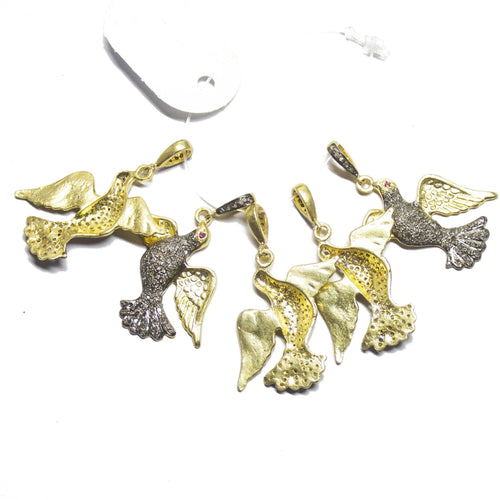 1pc Bird Pave Diamond 925 Sterling Silver Gold Vermeil Charm Pendant 40mmx34mm - Jalvi & Co.