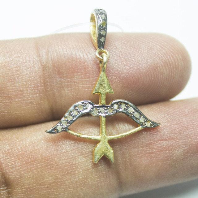 1pc Bow & Arrow Pave Diamond 925 Sterling Silver Gold Vermeil Charm Pendant 32mm x 23mm - Jalvi & Co.