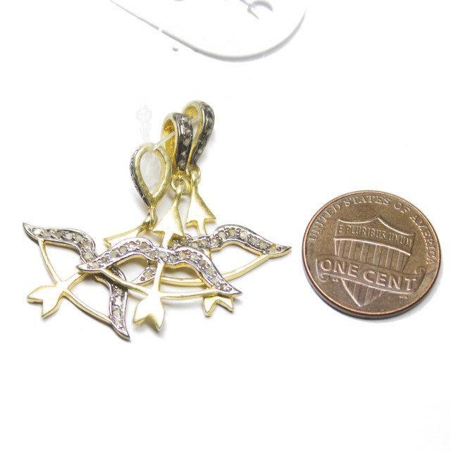 1pc Bow & Arrow Pave Diamond 925 Sterling Silver Gold Vermeil Charm Pendant 32mm x 23mm - Jalvi & Co.