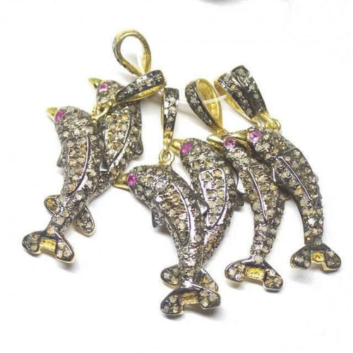 1pc Dolphin Pave Diamond 925 Sterling Silver Gold Vermeil Charm Pendant 35mm x 8mm - Jalvi & Co.