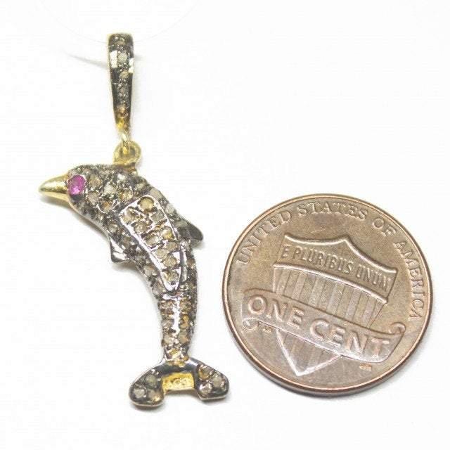 1pc Dolphin Pave Diamond 925 Sterling Silver Gold Vermeil Charm Pendant 35mm x 8mm - Jalvi & Co.