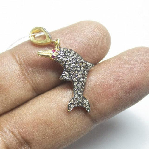 1pc Fish Pave Diamond 925 Sterling Silver Gold Vermeil Charm Pendant 36mm x 14mm - Jalvi & Co.