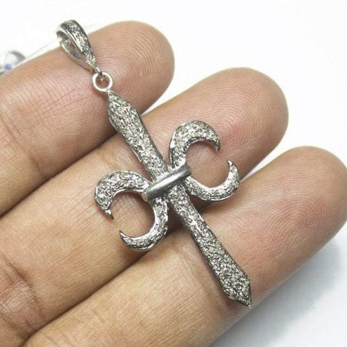 1pc Fleur Pave Diamond 925 Sterling Silver Gold Vermeil Charm Pendant 54mm x 22mm - Jalvi & Co.