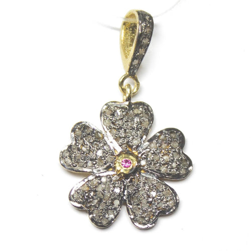 1pc Flower Pave Diamond 925 Sterling Silver Gold Vermeil Charm Pendant 29mm x 17mm - Jalvi & Co.