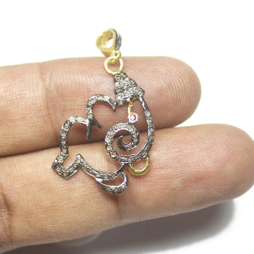 1pc Ganesha Pave Diamond 925 Sterling Silver Gold Vermeil Charm Pendant 38mm x 19mm - Jalvi & Co.