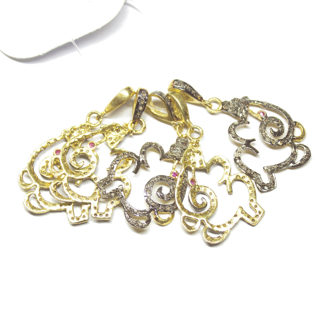 1pc Ganesha Pave Diamond 925 Sterling Silver Gold Vermeil Charm Pendant 38mm x 19mm - Jalvi & Co.