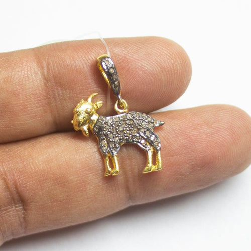 1pc Goat Animal Pave Diamond 925 Sterling Silver Gold Vermeil Charm Pendant 25mmx18mm - Jalvi & Co.