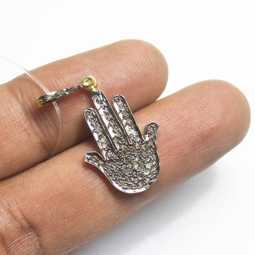 1pc Hamsa Hand Pave Diamond 925 Sterling Silver Gold Vermeil Charm Pendant 35mmx16mm - Jalvi & Co.