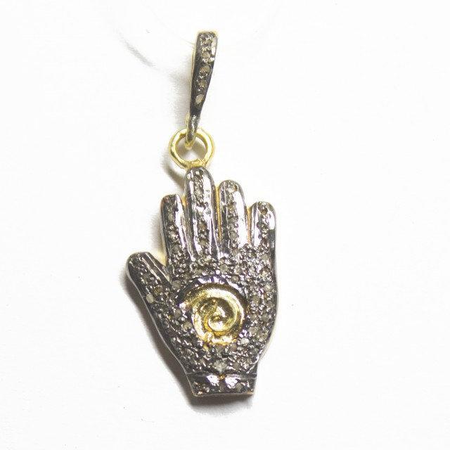 1pc Hamsa Pave Diamond 925 Sterling Silver Gold Vermeil Charm Pendant 35mm x 15mm - Jalvi & Co.