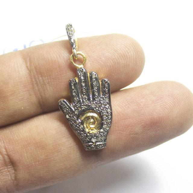 1pc Hamsa Pave Diamond 925 Sterling Silver Gold Vermeil Charm Pendant 35mm x 15mm - Jalvi & Co.