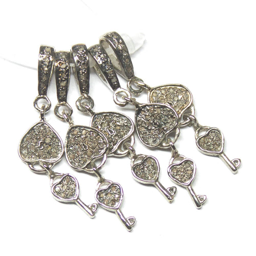 1pc Heart Key and Lock Pave Diamond 925 Sterling Silver Oxidized Charm Pendant 33mm x 8mm - Jalvi & Co.