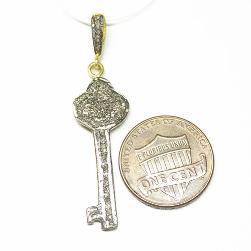 1pc Key Pave Diamond 925 Sterling Silver Gold Vermeil Charm Pendant 45mmx11mm - Jalvi & Co.