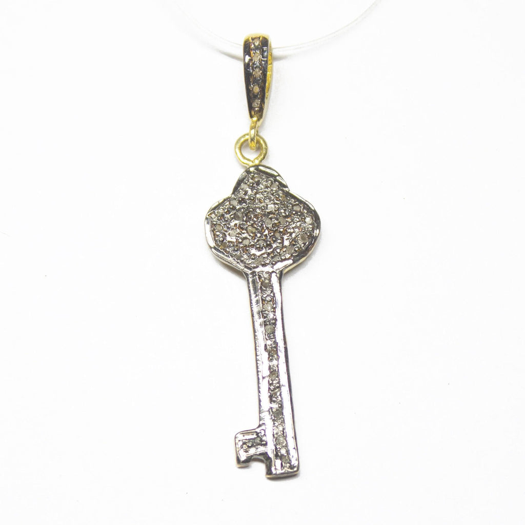 1pc Key Pave Diamond 925 Sterling Silver Gold Vermeil Charm Pendant 45mmx11mm - Jalvi & Co.