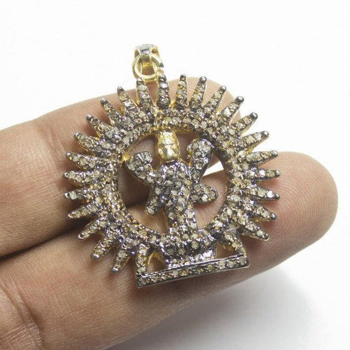 1pc Laxmi God Pave Diamond 925 Sterling Silver Gold Vermeil Charm Pendant 42mm x 33mm - Jalvi & Co.