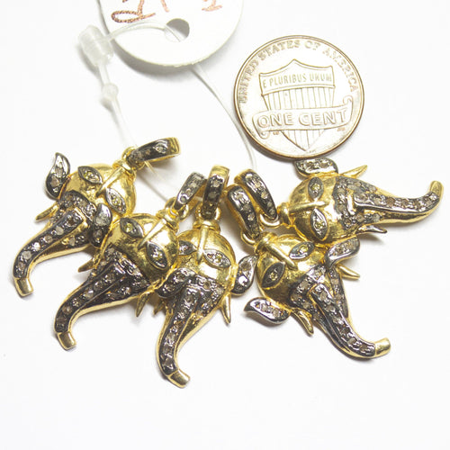 1pc Lord Ganesh Pave Diamond 925 Sterling Silver Gold Vermeil Charm Pendant 32mmx16mm - Jalvi & Co.