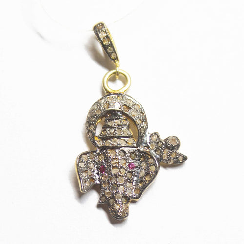 1pc Lord Ganesha Pave Diamond 925 Sterling Silver Gold Vermeil Charm Pendant 40mmx21mm - Jalvi & Co.