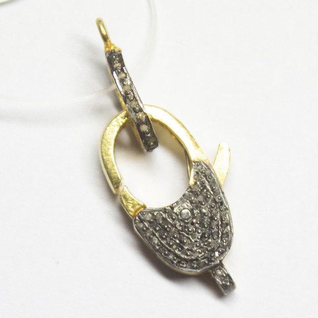 1pc Pave Diamond 925 Sterling Silver Gold Vermeil Lobster Clasp 29mm x 13mm - Jalvi & Co.