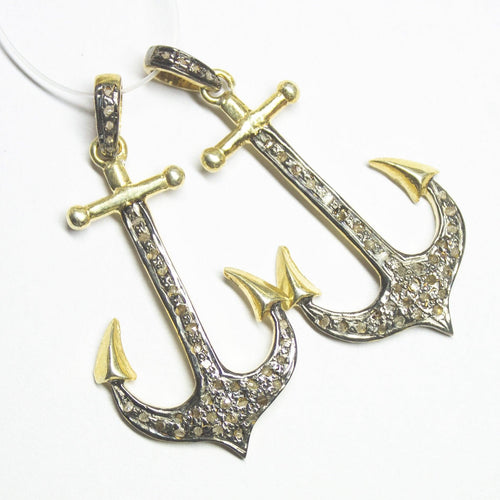 1pc Pave Diamond Designer Anchor Charm 925 Sterling Silver Gold Vermeil Charm Pendant 42mmx20mm - Jalvi & Co.