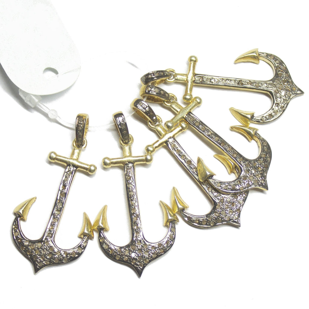 1pc Pave Diamond Designer Anchor Charm 925 Sterling Silver Gold Vermeil Charm Pendant 42mmx20mm - Jalvi & Co.