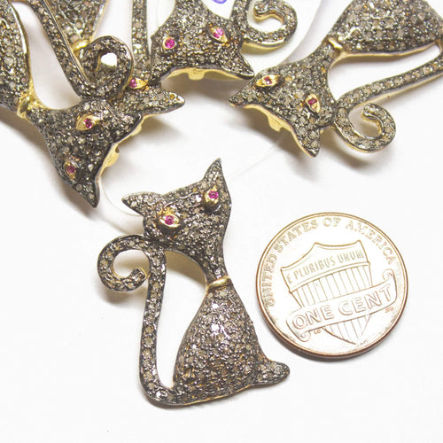 1pc Pave Diamond Designer Egyptian Cat Charm 925 Sterling Silver Gold Vermeil Brooch 29mmx18mm - Jalvi & Co.