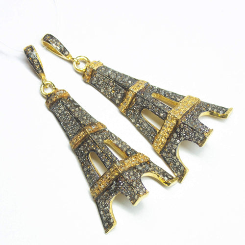 1pc Pave Diamond Designer Eiffel Tower Charm 925 Sterling Silver Gold Vermeil Charm Pendant 50mmx22mm - Jalvi & Co.