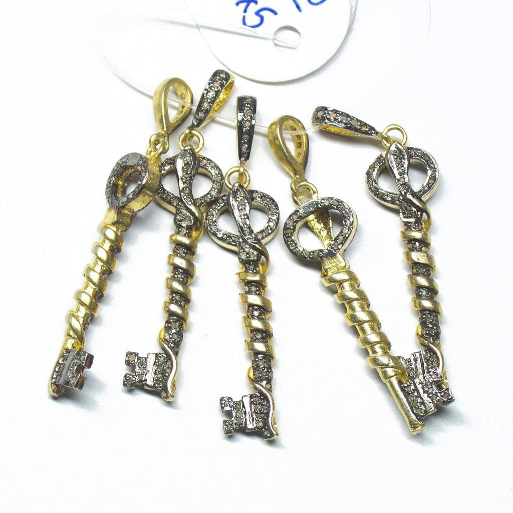 1pc Pave Diamond Designer Key Charm 925 Sterling Silver Gold Vermeil Charm Pendant 47mmx10mm - Jalvi & Co.