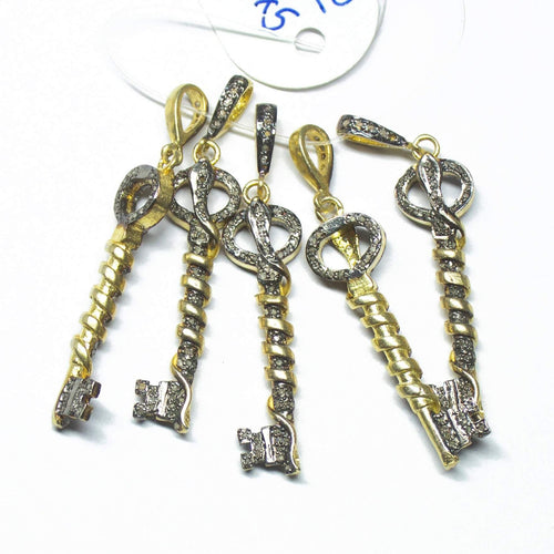 1pc Pave Diamond Designer Key Charm 925 Sterling Silver Gold Vermeil Charm Pendant 47mmx10mm - Jalvi & Co.
