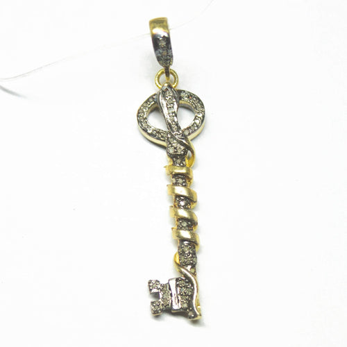 1pc Pave Diamond Designer Key Charm 925 Sterling Silver Gold Vermeil Charm Pendant 47mmx10mm - Jalvi & Co.