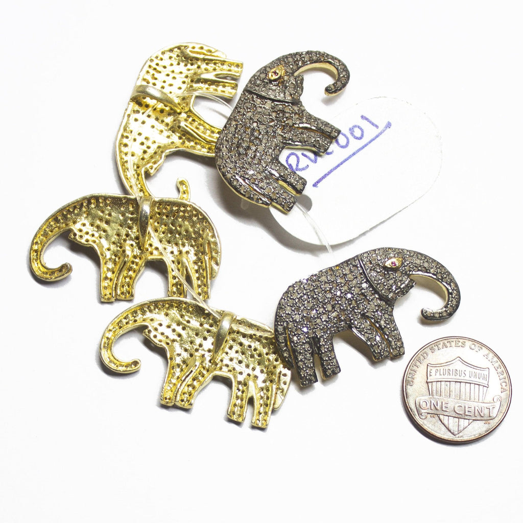 1pc Pave Diamond Elephant Animal 925 Sterling Silver Gold Vermeil Charm Pendant 33mmx19mm - Jalvi & Co.