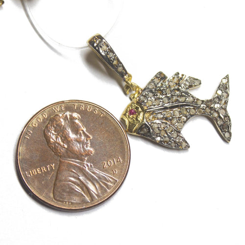 1pc Pave Diamond Fish 925 Sterling Silver Gold Vermeil Charm Pendant 30mmx13mm - Jalvi & Co.