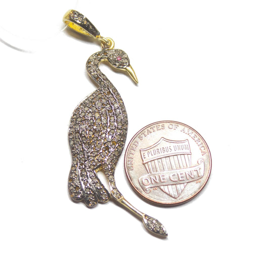 1pc Pave Diamond Flamingo Bird 925 Sterling Silver Gold Vermeil Charm Pendant 57mmx16mm - Jalvi & Co.