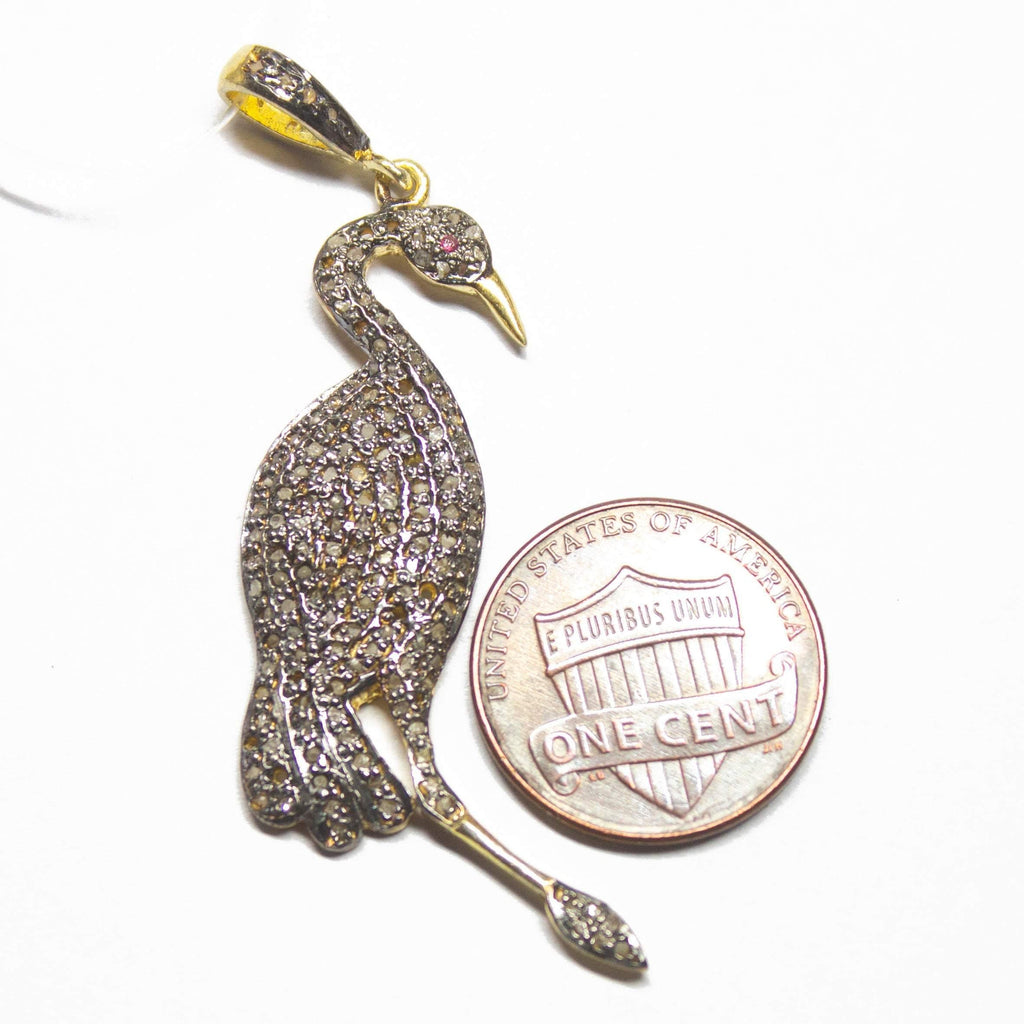 1pc Pave Diamond Flamingo Bird 925 Sterling Silver Gold Vermeil Charm Pendant 57mmx16mm - Jalvi & Co.