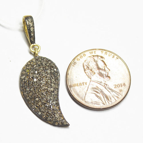 1pc Pave Diamond Leaf 925 Sterling Silver Gold Vermeil Charm Pendant 35mmx12mm - Jalvi & Co.