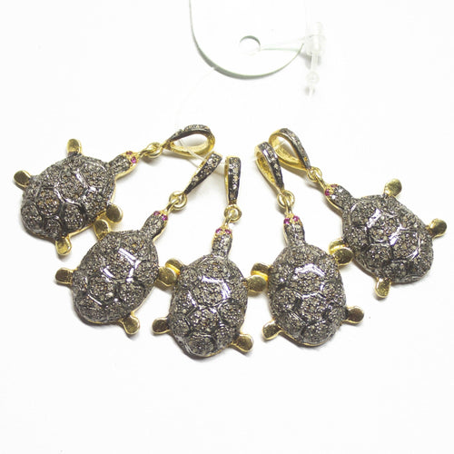 1pc Sea Turquoise Pave Diamond 925 Sterling Silver Gold Vermeil Charm Pendant 36mmx18mm - Jalvi & Co.