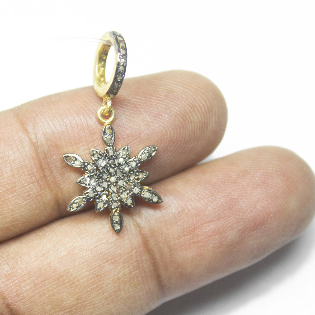 1pc Snowflake Pave Diamond 925 Sterling Silver Gold Vermeil Charm Pendant 28mm x 14mm - Jalvi & Co.