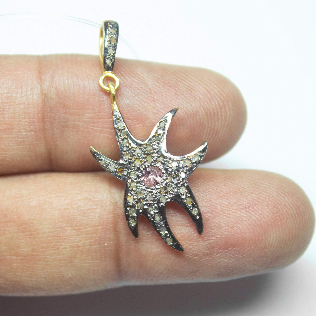 1pc Starfish Pave Diamond Ruby 925 Sterling Silver Oxidized Charm Pendant 37mm x 16mm - Jalvi & Co.