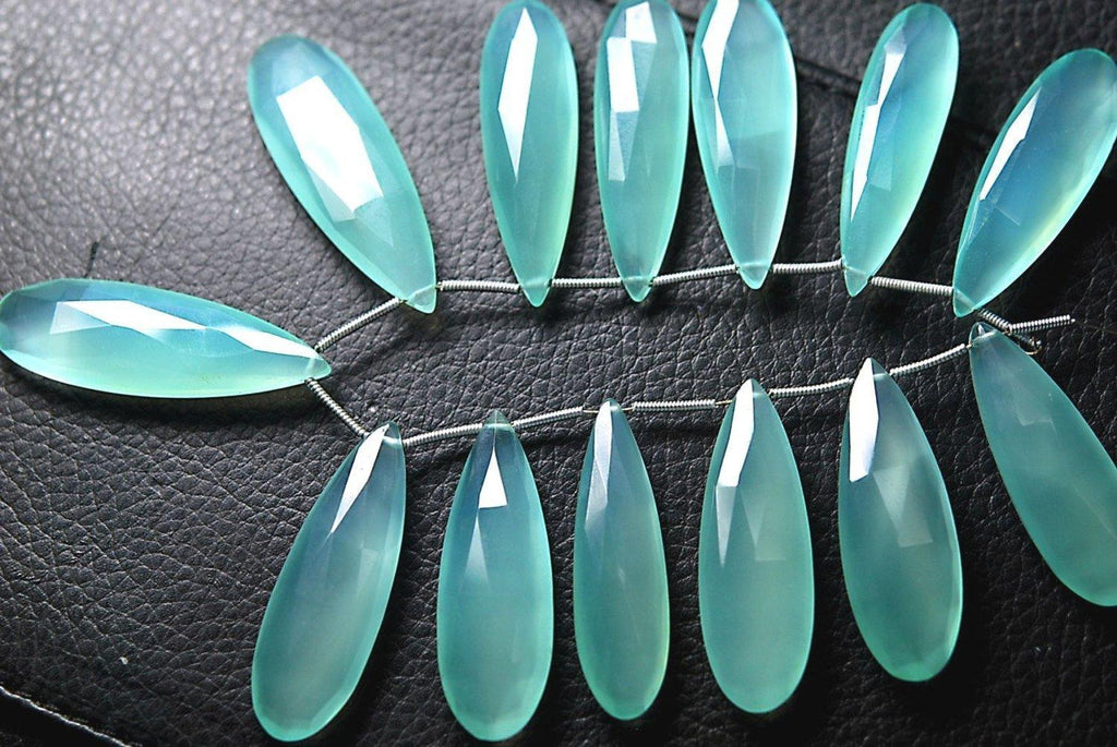 2 Match Pair- Aqua Chalcedony Faceted Pear Briolettes 10X30mm Large Size Calibrated Size - Jalvi & Co.