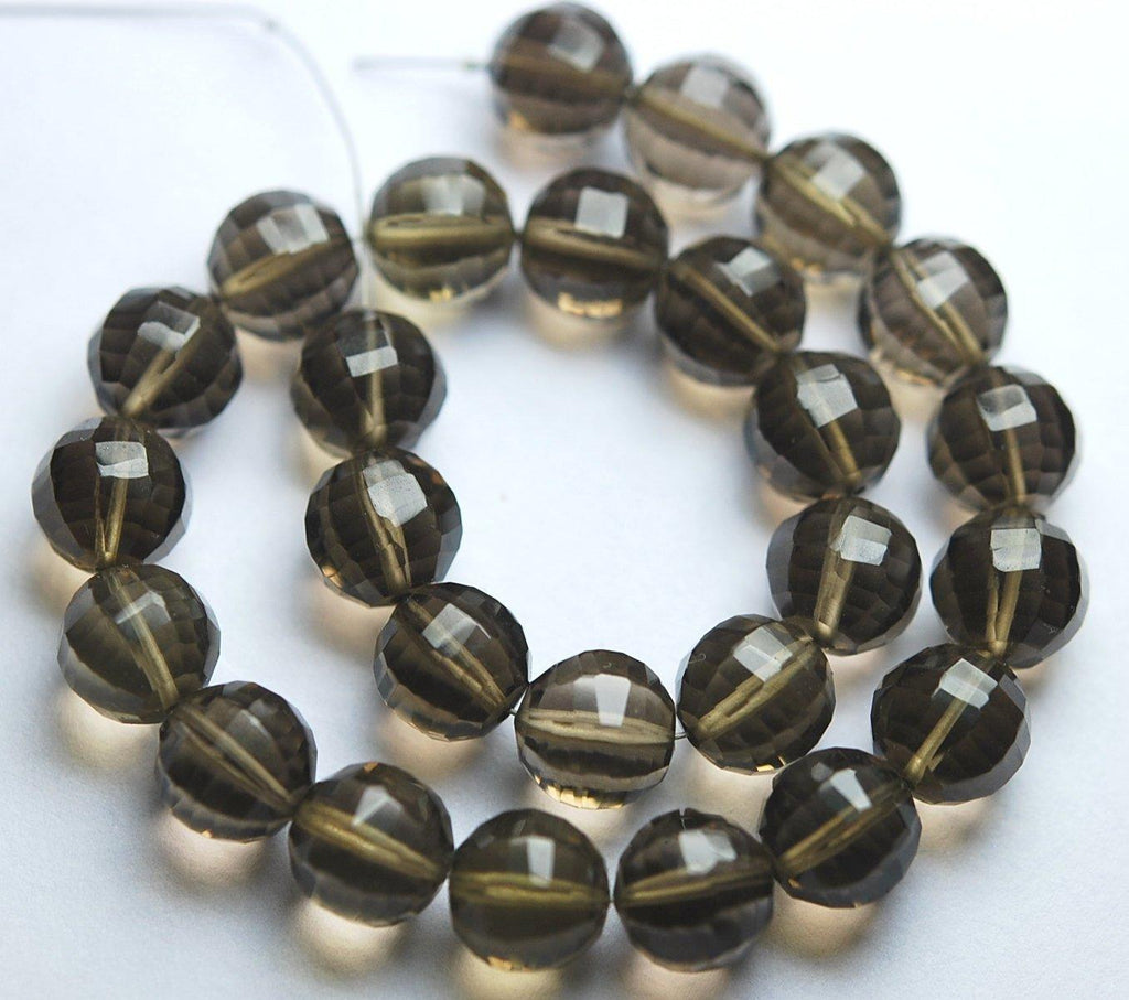 2 Match Pair, Finest Quality,Matched Pair 10mm Size,Smoky Quartz Step Cut Round Ball Beads, - Jalvi & Co.