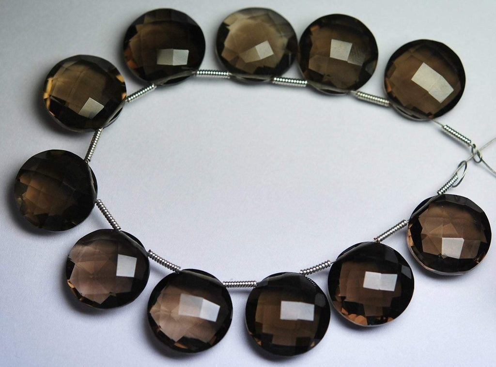 2 Matched Pair, Aaa,Super Finest Smoky Quartz Faceted Coins Shape Briolettes, 16mm Size - Jalvi & Co.