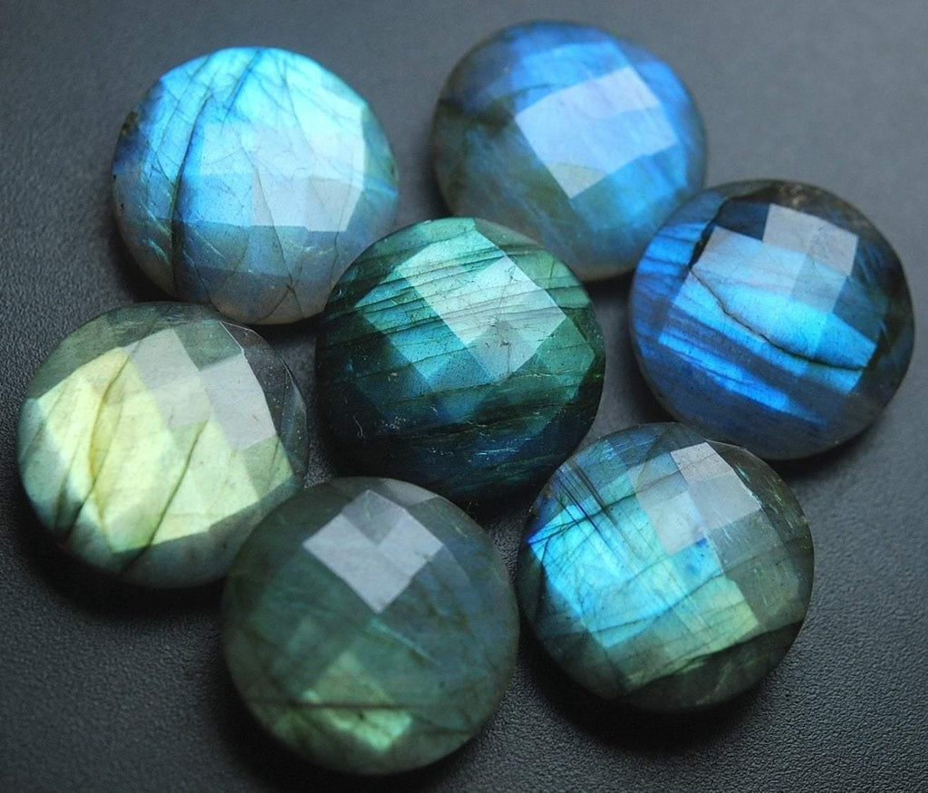 2 Matched Pair, Finest Quality,Side Drillrd,Labradorite Faceted Coins Shape, 20mm Size - Jalvi & Co.