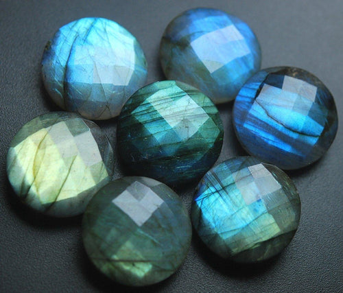2 Matched Pair, Finest Quality,Side Drillrd,Labradorite Faceted Coins Shape, 20mm Size - Jalvi & Co.