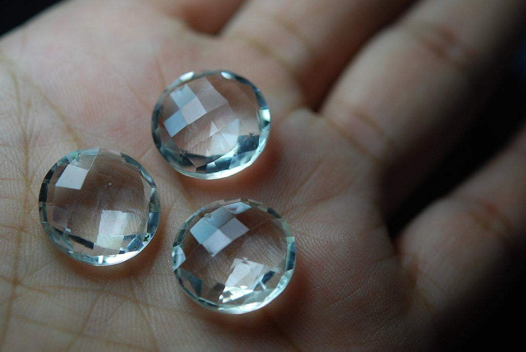 2 Matched Pair Of Finest Quality,Best Cut, 18mm Size, Rock Crystal Quartz Faceted Coin Frent Drilling Shaped Briolettes - Jalvi & Co.