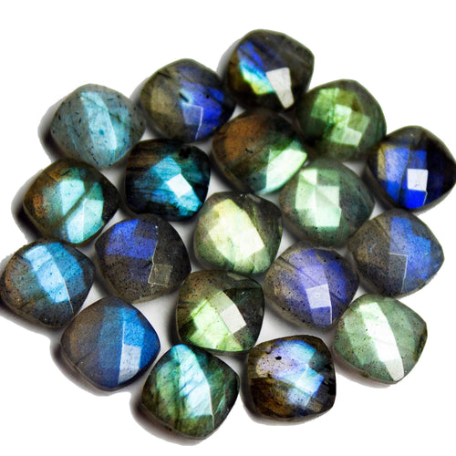 2 matching pair, Natural Blue Labradorite Faceted Cushion Loose Gemstone Beads 10mm - Jalvi & Co.