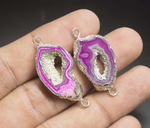 2 pcs, 32-36mm, Pink Window Druzy Briolette 925 Sterling Silver Connector, Jewelry Finding, Druzy Connector - Jalvi & Co.